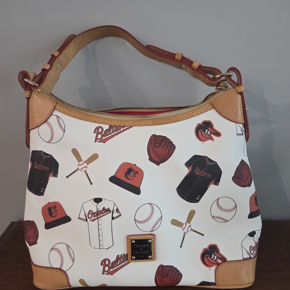 Dooney & Bourke White Baltimore Orioles Print Shoulder Bag with Tan Trim